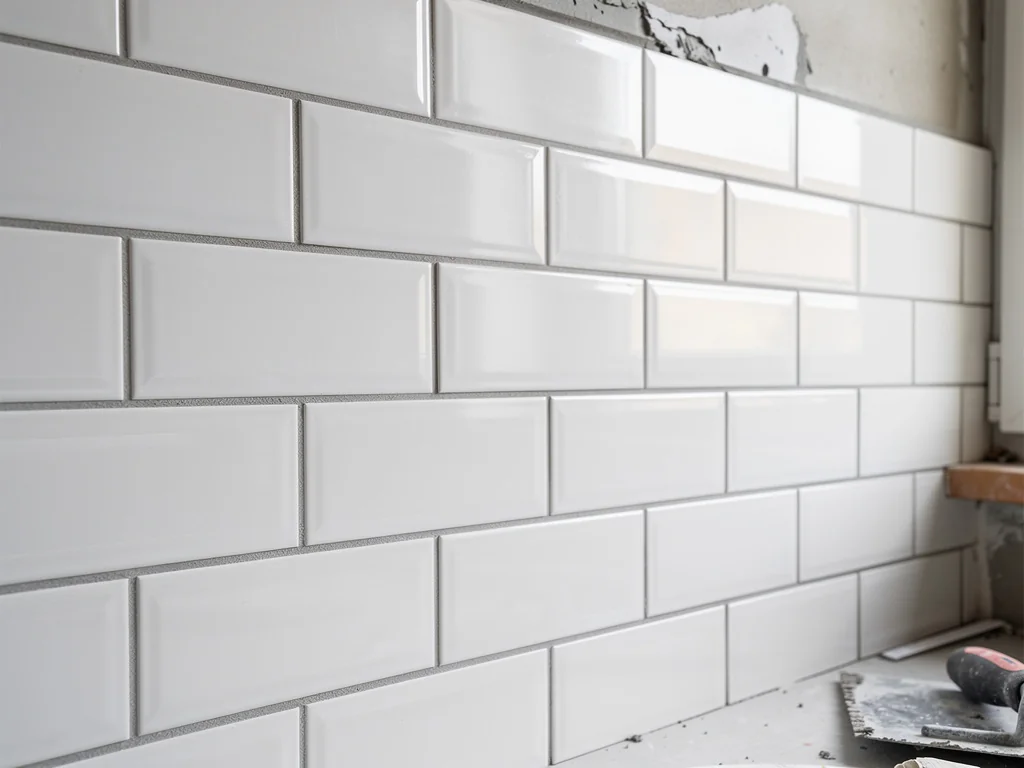 Pose de faïence métro blanche sur un mur de salle de bain, joints réguliers