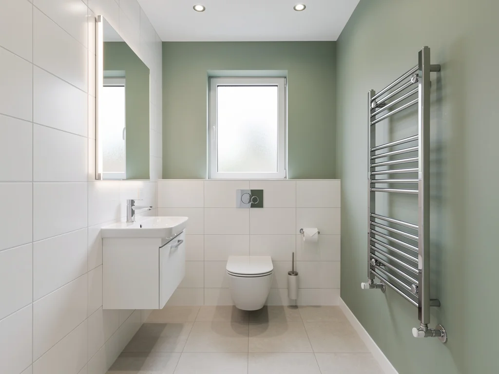 Petite salle de bain rénovée aux tons blancs et vert sauge, sèche-serviettes et WC suspendu