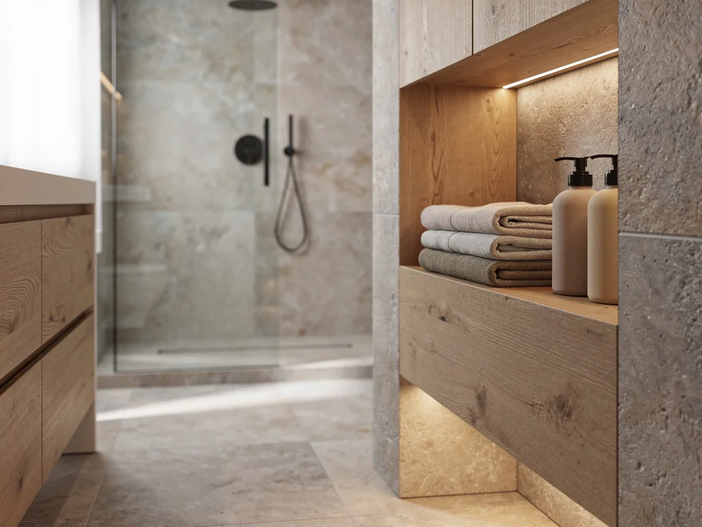 Salle de bain contemporaine avec niche de rangement carrelée et éclairage indirect
